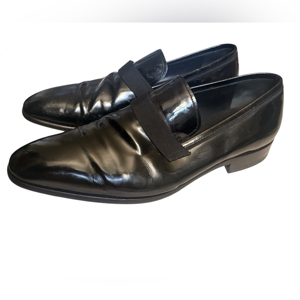 Salvatore Ferragamo Black Patent Leather Tuxedo Slip-On Loafer Dress Shoes